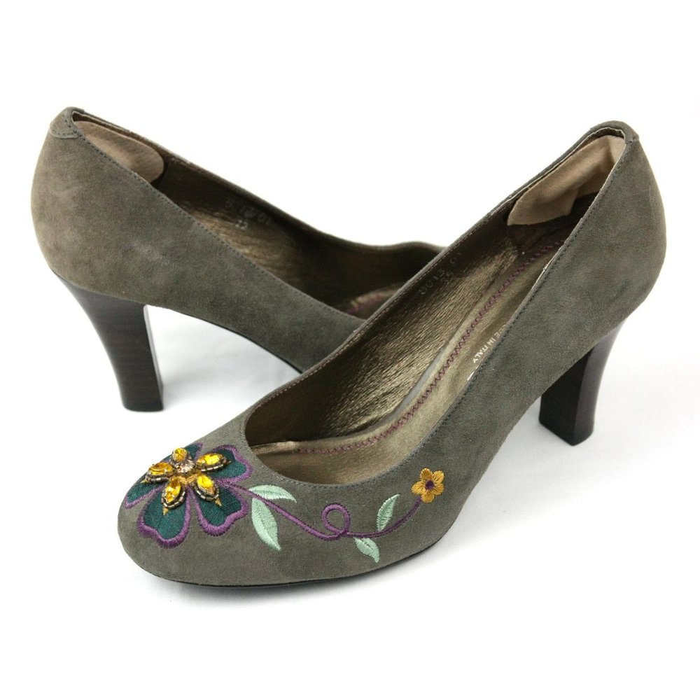 Embroidered Suede Leather Pumps Heels Floral